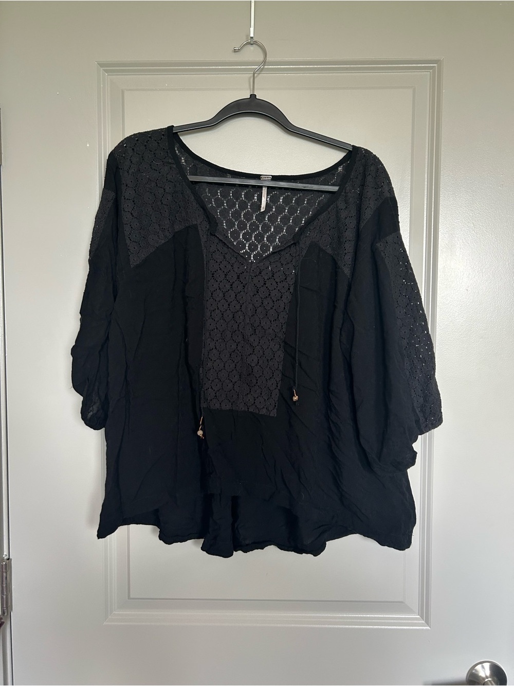 Free People Bead String Black Lace Crochet-Paneled Peasant Blouse